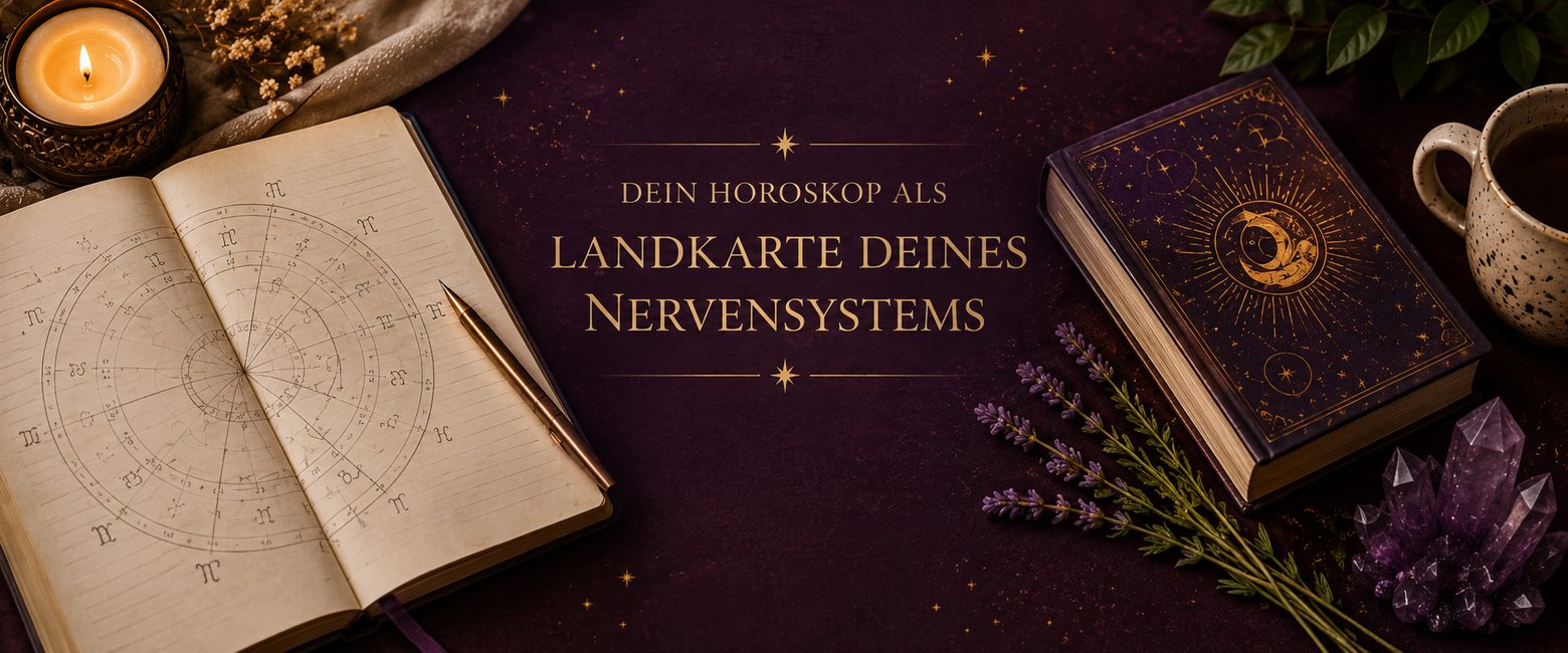 Dein Horoskop als Landkarte deines Nervensystems. Aufgeschlagenes Astrologiebuch mit Kerze, Lavendel und Kristall.